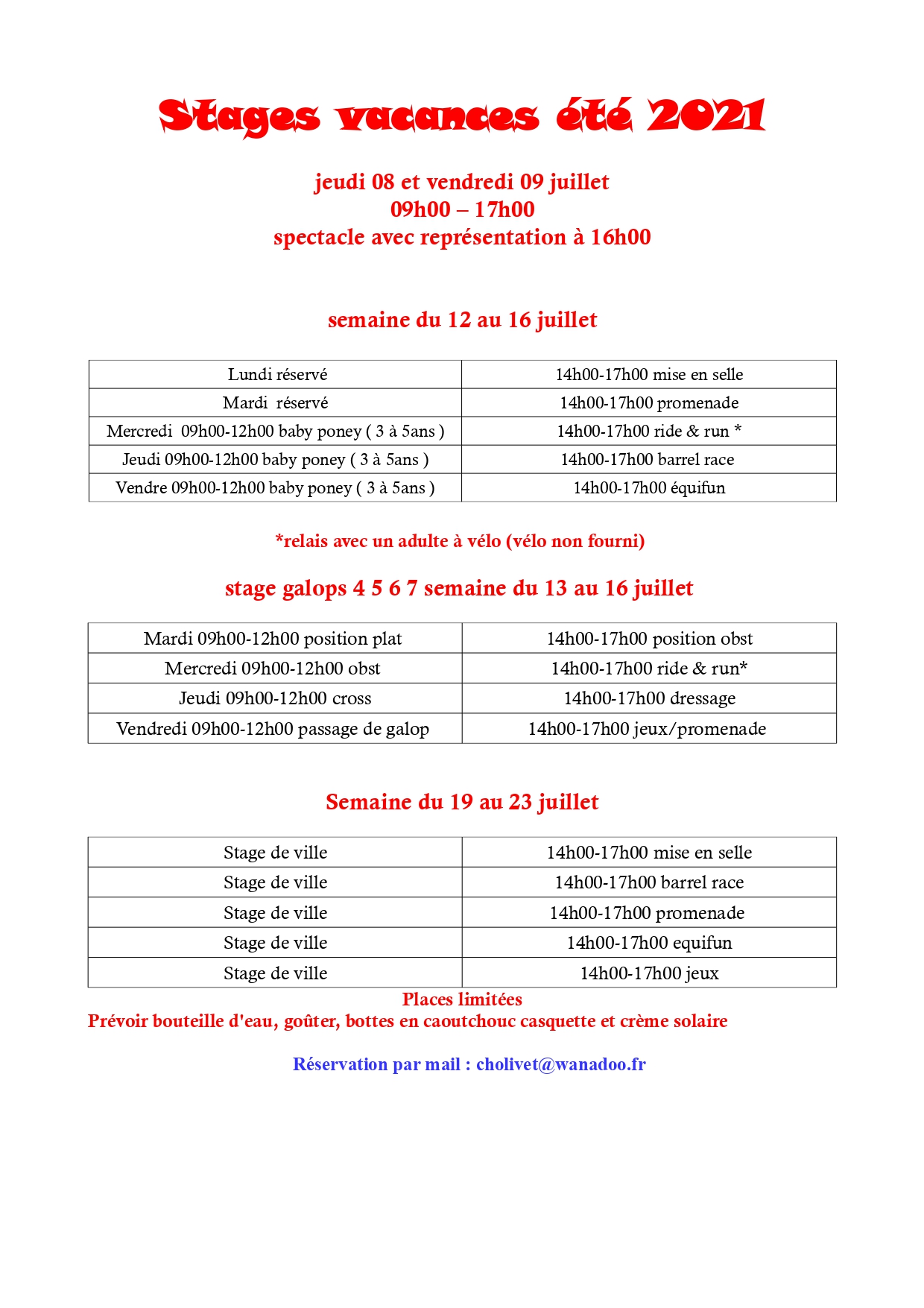 Stages vacances d'été 2021 Cercle Hippique d'Olivet